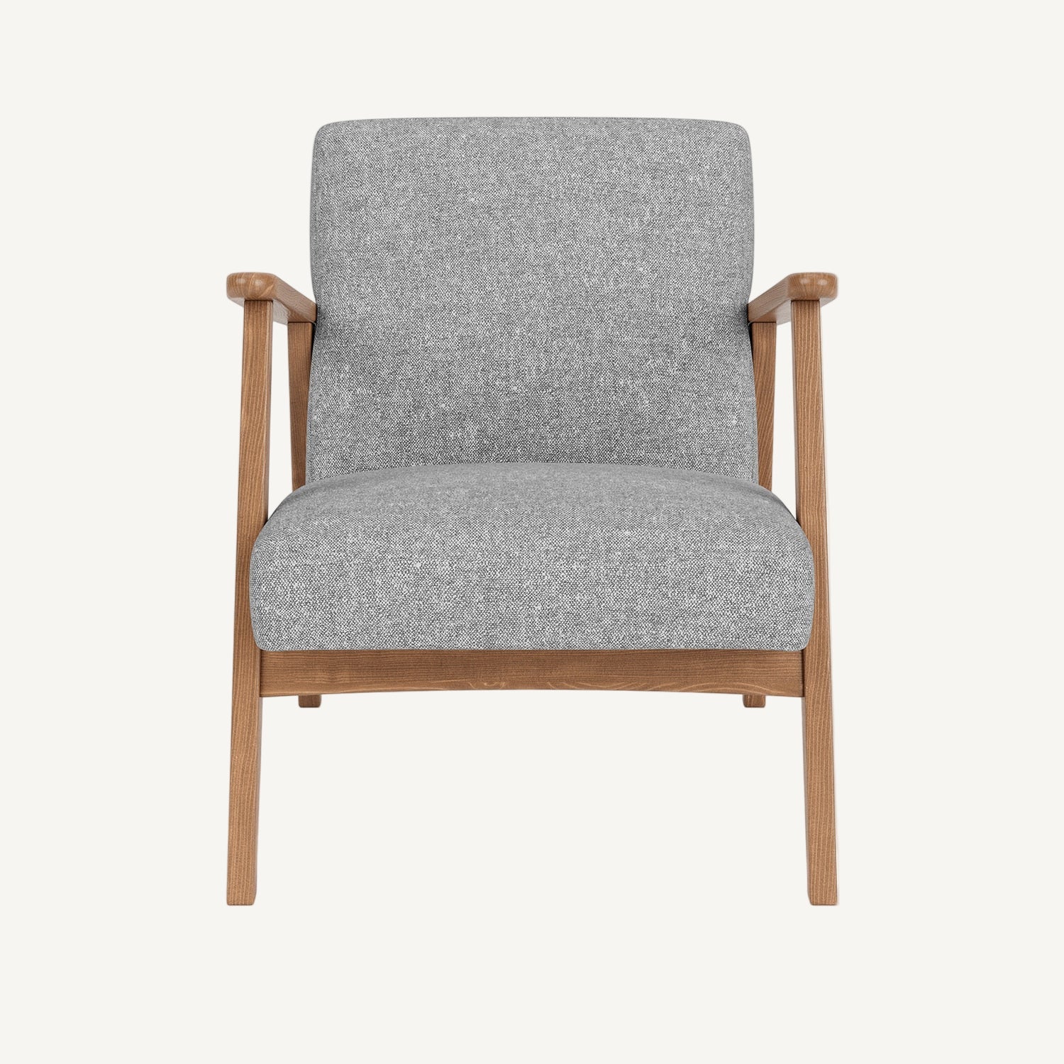 Gray upholstered armchair with wooden frame on a white background