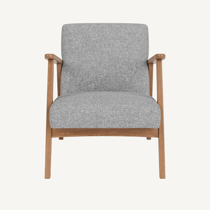 Gray upholstered armchair with wooden frame on a white background