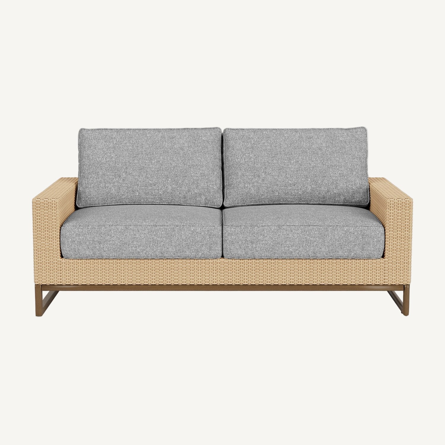 Two-seater outdoor sofa with gray cushions and a wicker frame on a white background