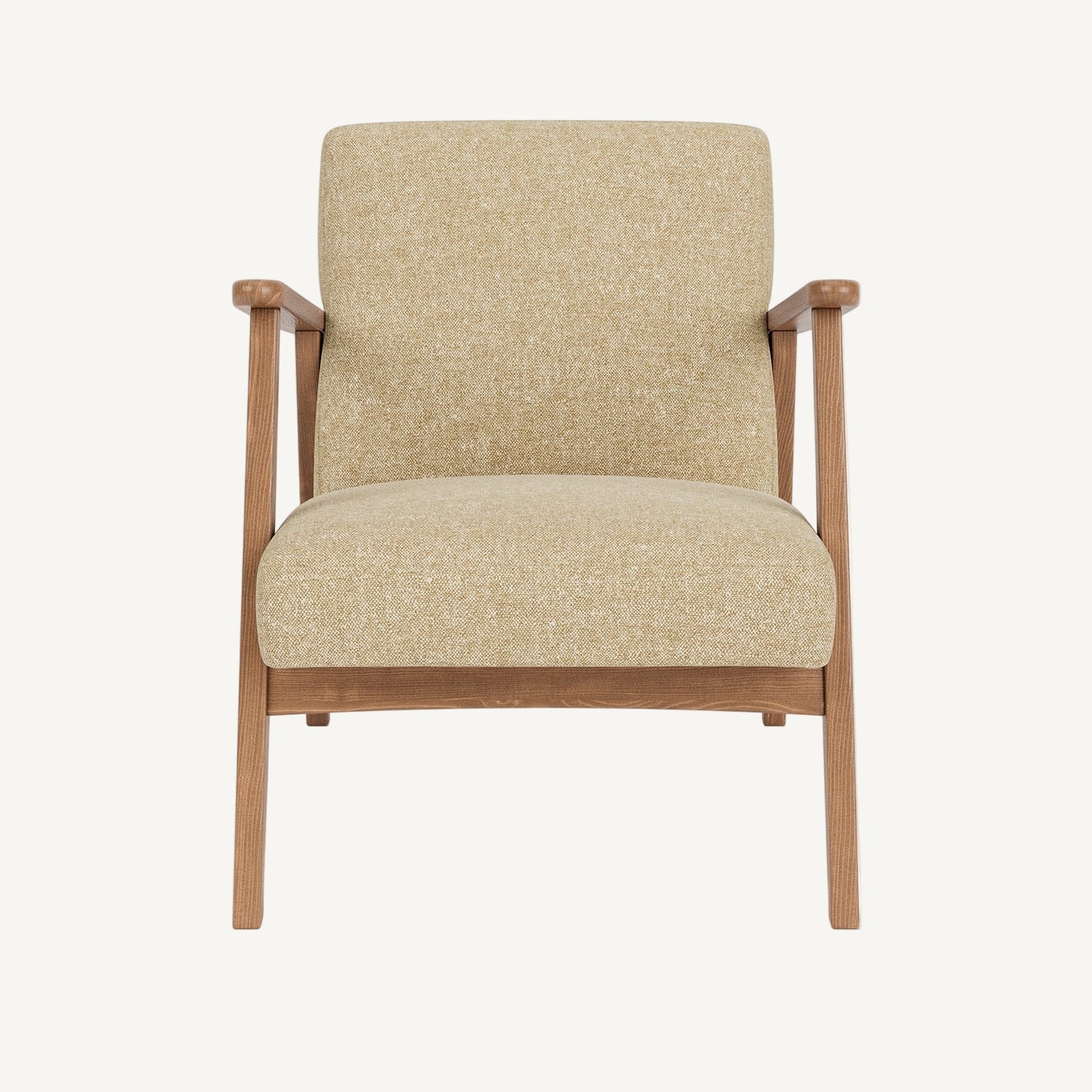 Beige armchair with wooden frame on a white background