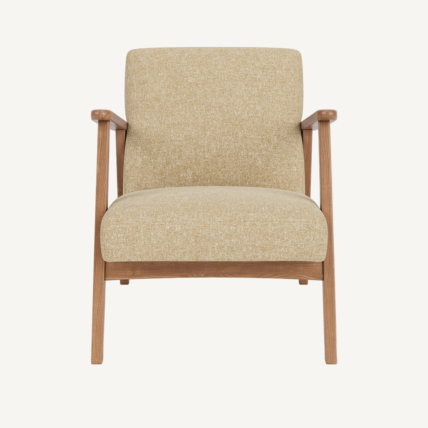 Beige armchair with wooden frame on a white background