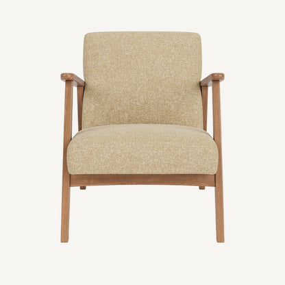 Beige armchair with wooden frame on a white background