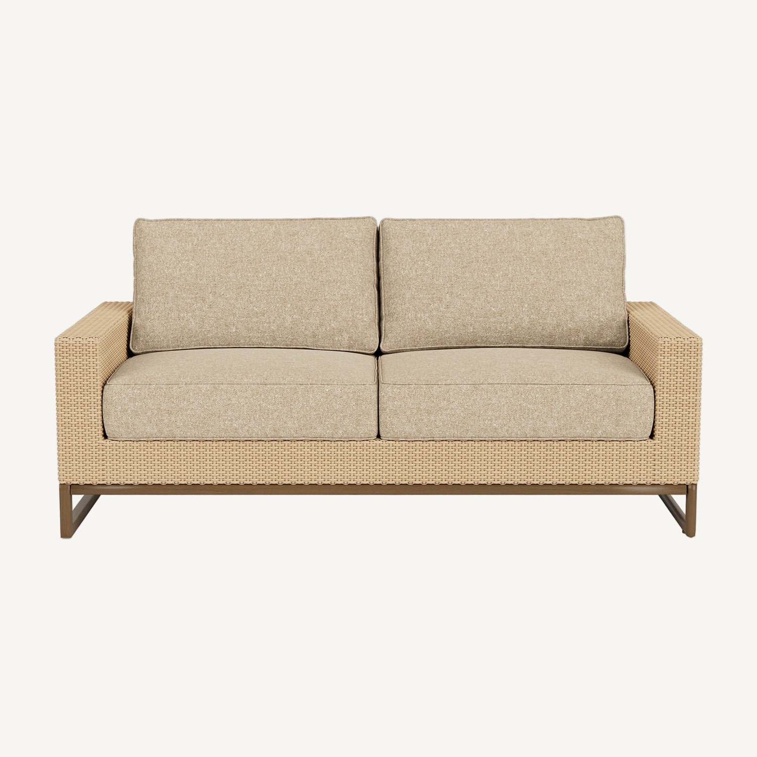 Beige outdoor sofa with wicker frame on a white background