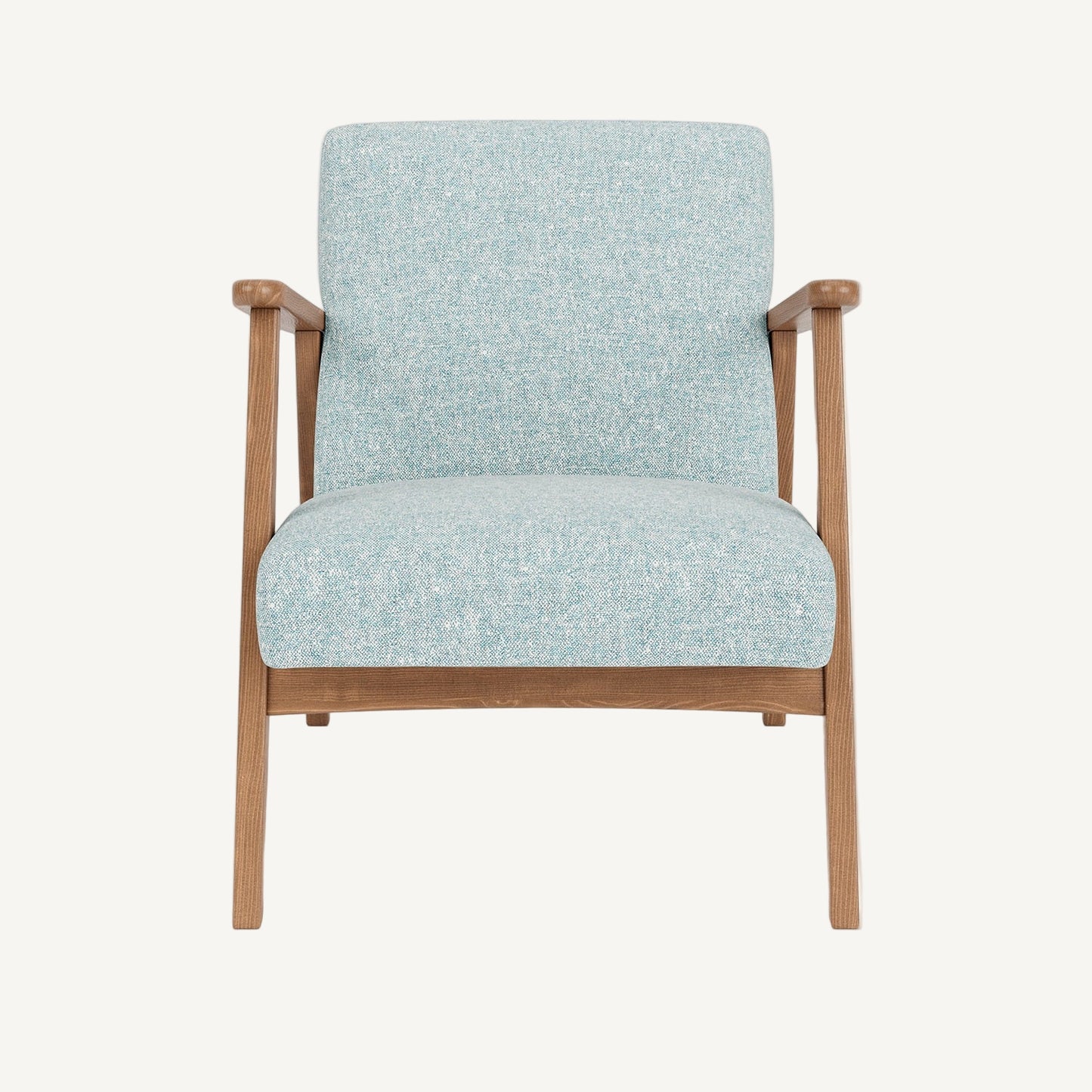 Chair with light blue fabric seat and backrest on a white background