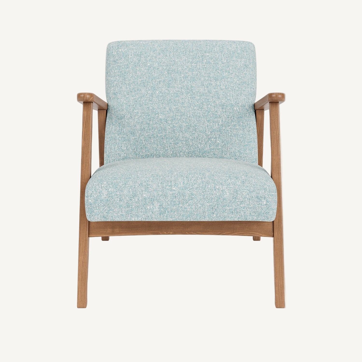 Chair with light blue fabric seat and backrest on a white background
