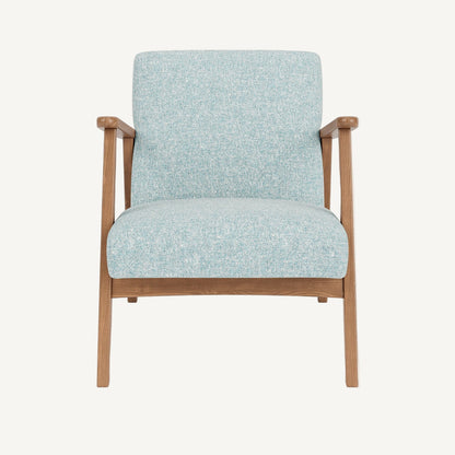Chair with light blue fabric seat and backrest on a white background
