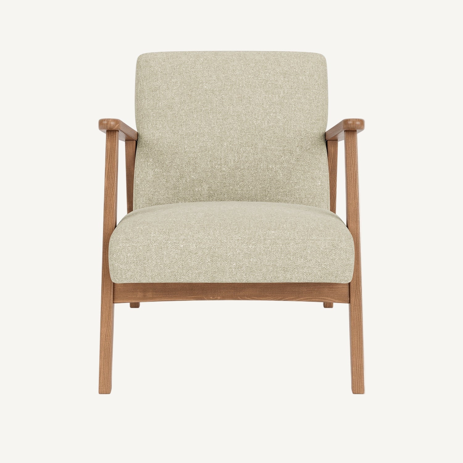 Beige armchair with wooden frame on a white background