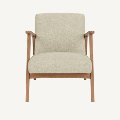 Beige armchair with wooden frame on a white background