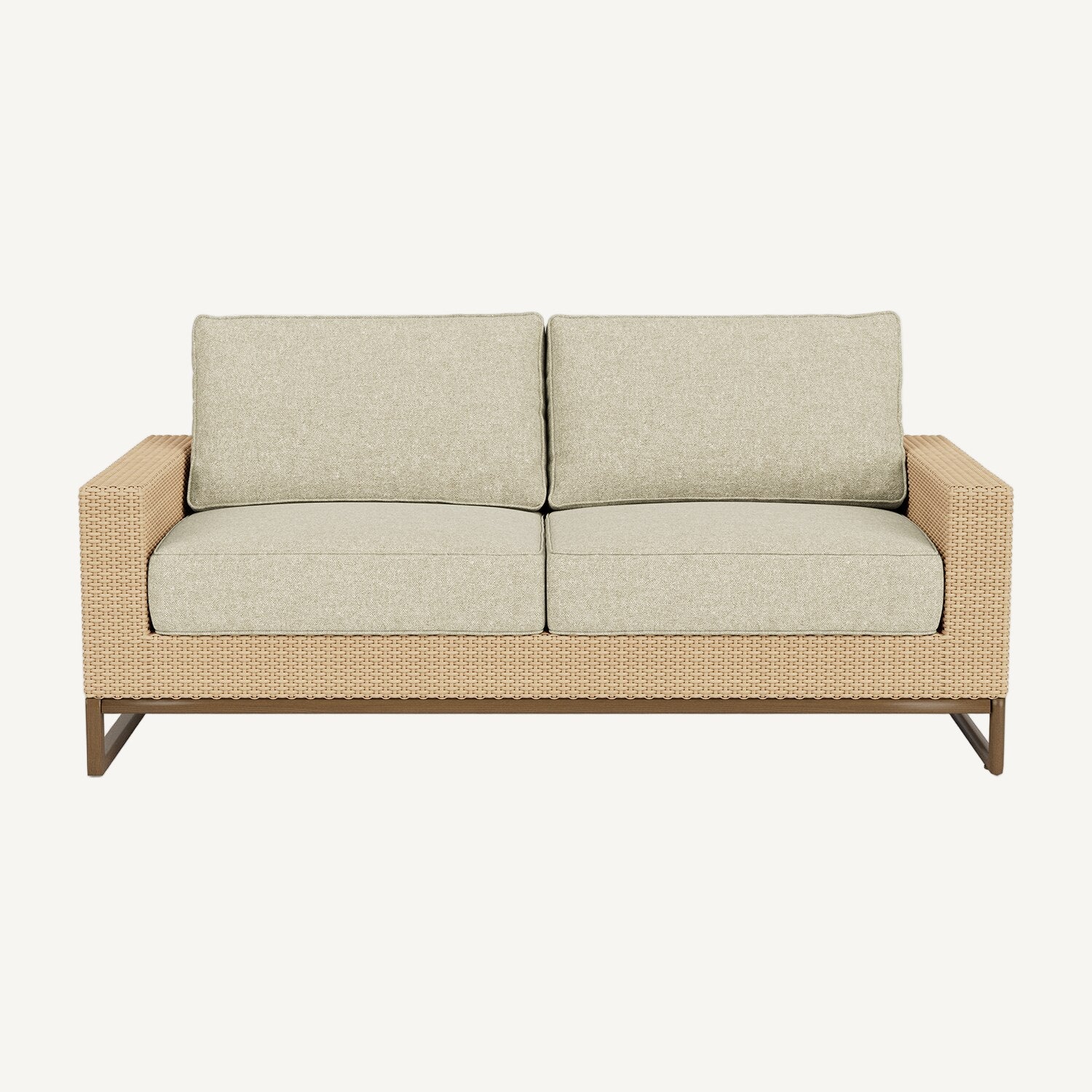 Beige outdoor sofa with wicker frame on a white background