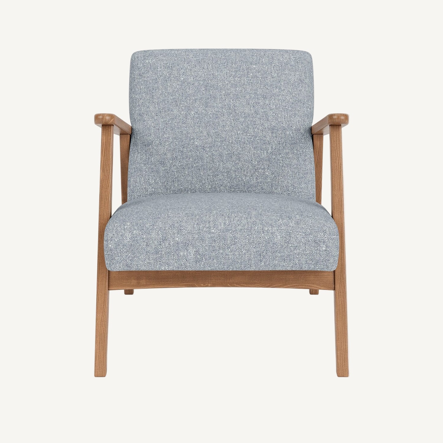 Gray upholstered armchair with wooden frame on a white background