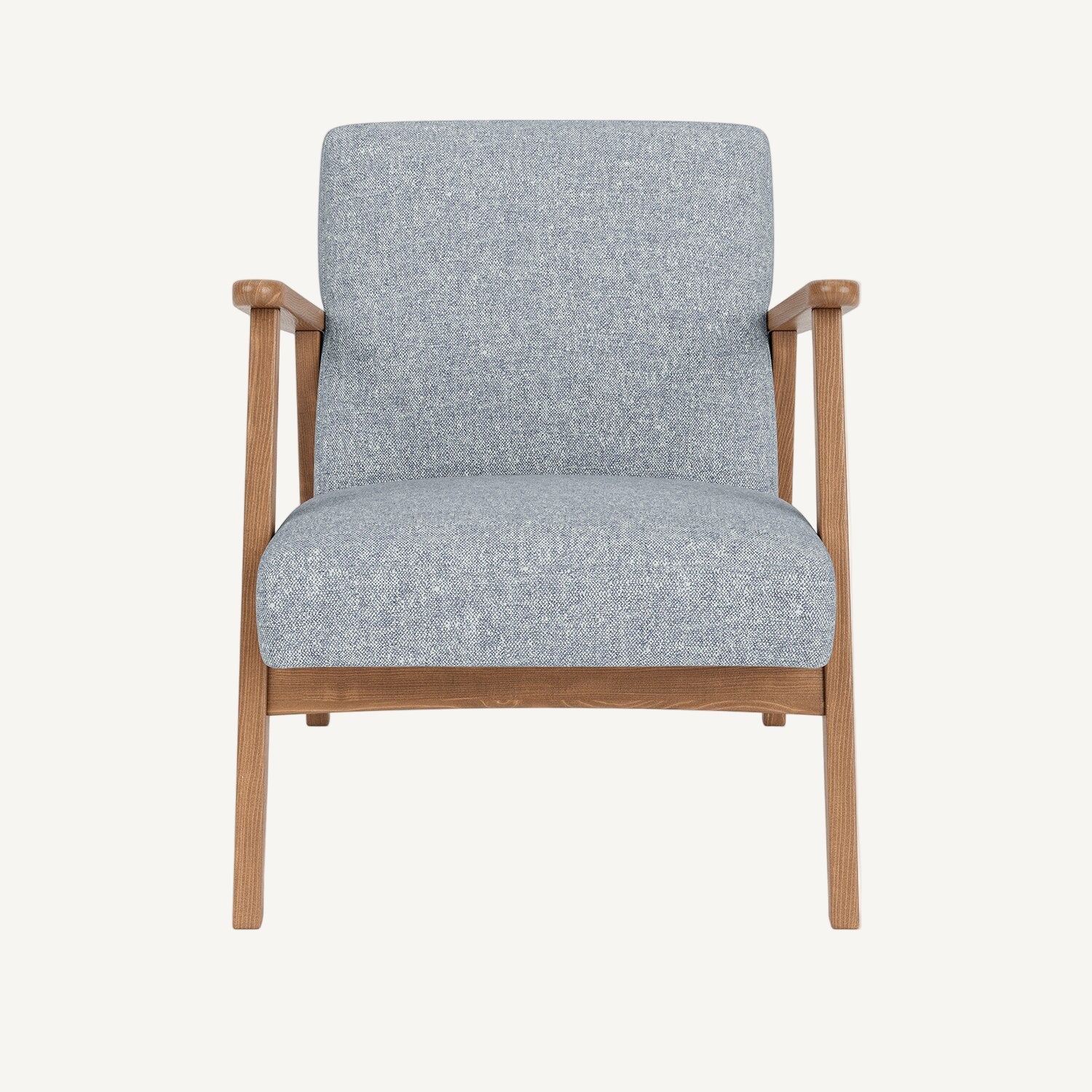 Gray upholstered armchair with wooden frame on a white background