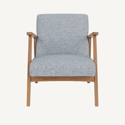 Gray upholstered armchair with wooden frame on a white background