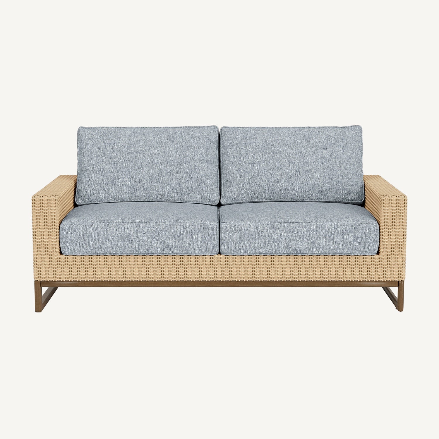 Two-seater outdoor sofa with light gray cushions and a wicker frame on a white background