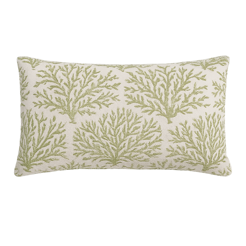 Decorative pillow with green leaf pattern on a white background