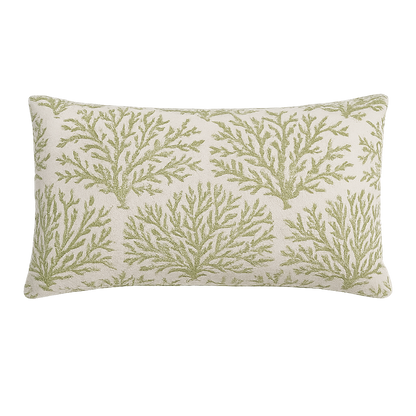 Decorative pillow with green leaf pattern on a white background