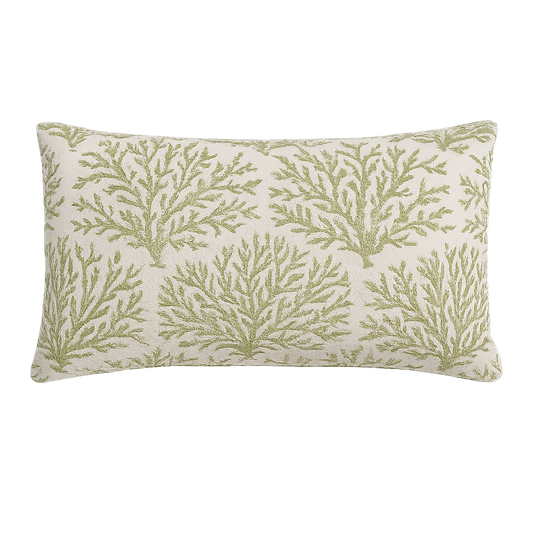 Decorative pillow with green leaf pattern on a white background