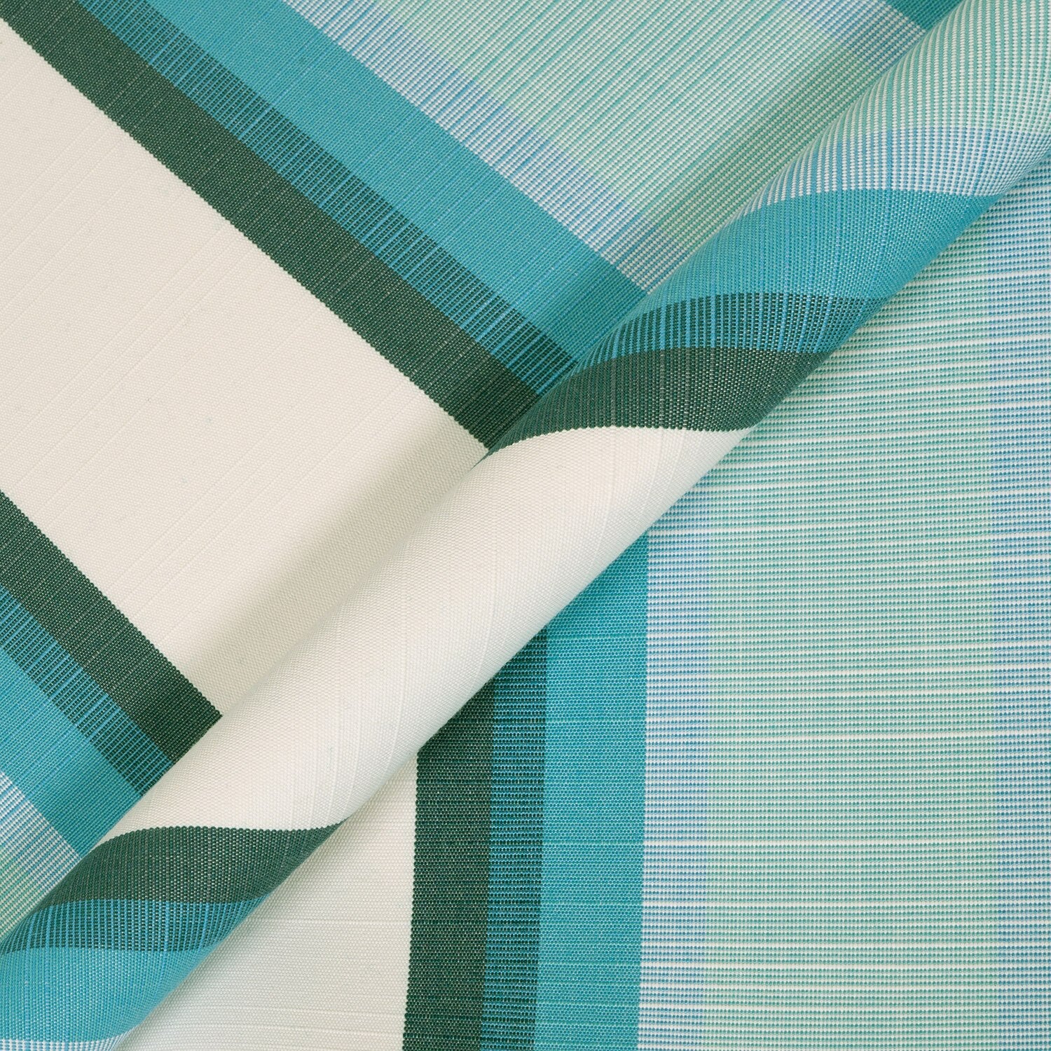 Close-up of fabric with green and blue striped pattern