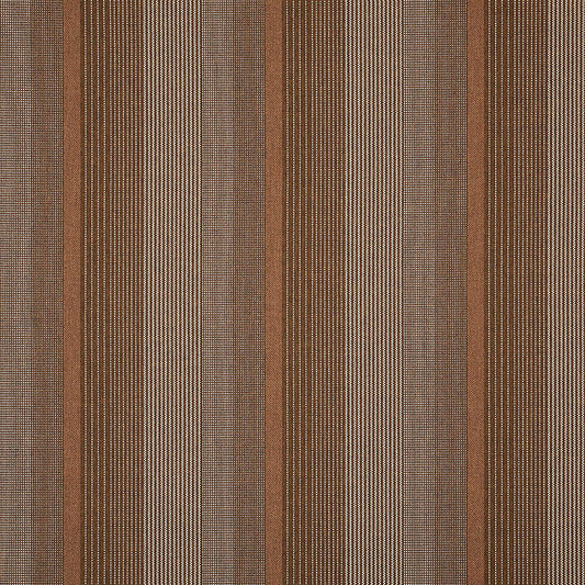A close-up image of a striped fabric in various shades of brown and beige, showcasing its texture and color gradient.