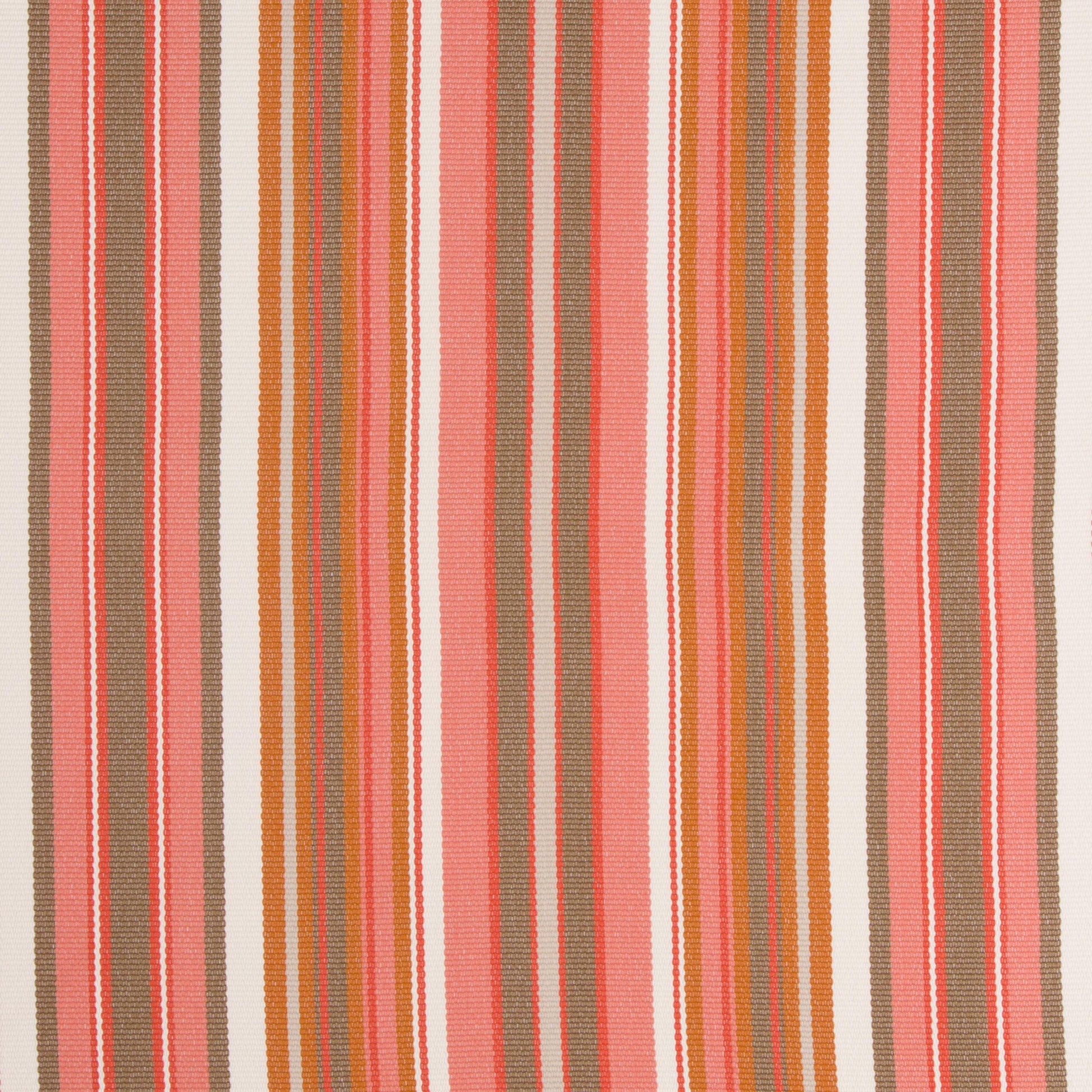 A close-up image of a striped pattern fabric with vertical stripes in shades of orange, beige, and white.
