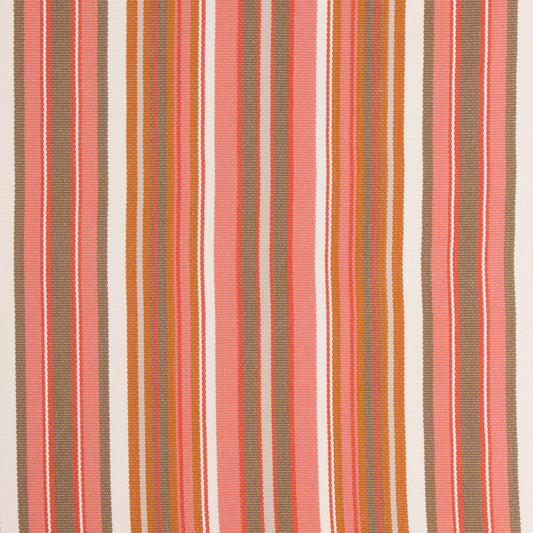 A close-up image of a striped pattern fabric with vertical stripes in shades of orange, beige, and white.