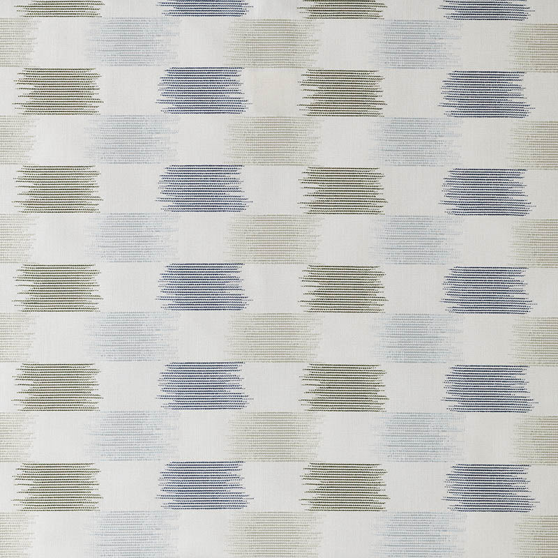 A fabric featuring a modern geometric pattern with stripes in misty blue, dune, and ivory tones.