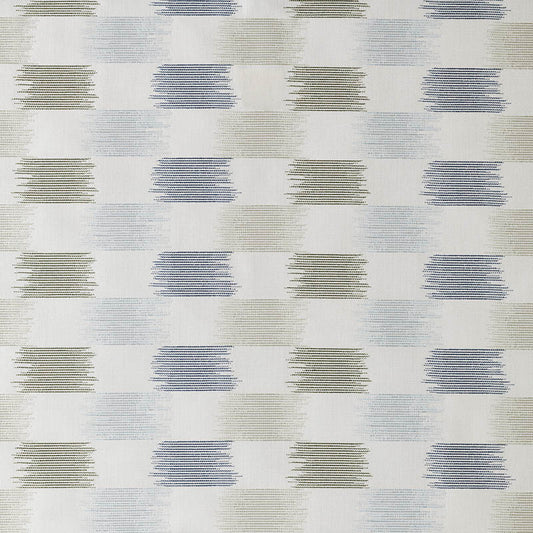 A fabric featuring a modern geometric pattern with stripes in misty blue, dune, and ivory tones.