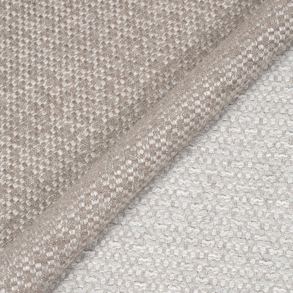 Two textured fabric swatches, one beige and one gray, on a white background.