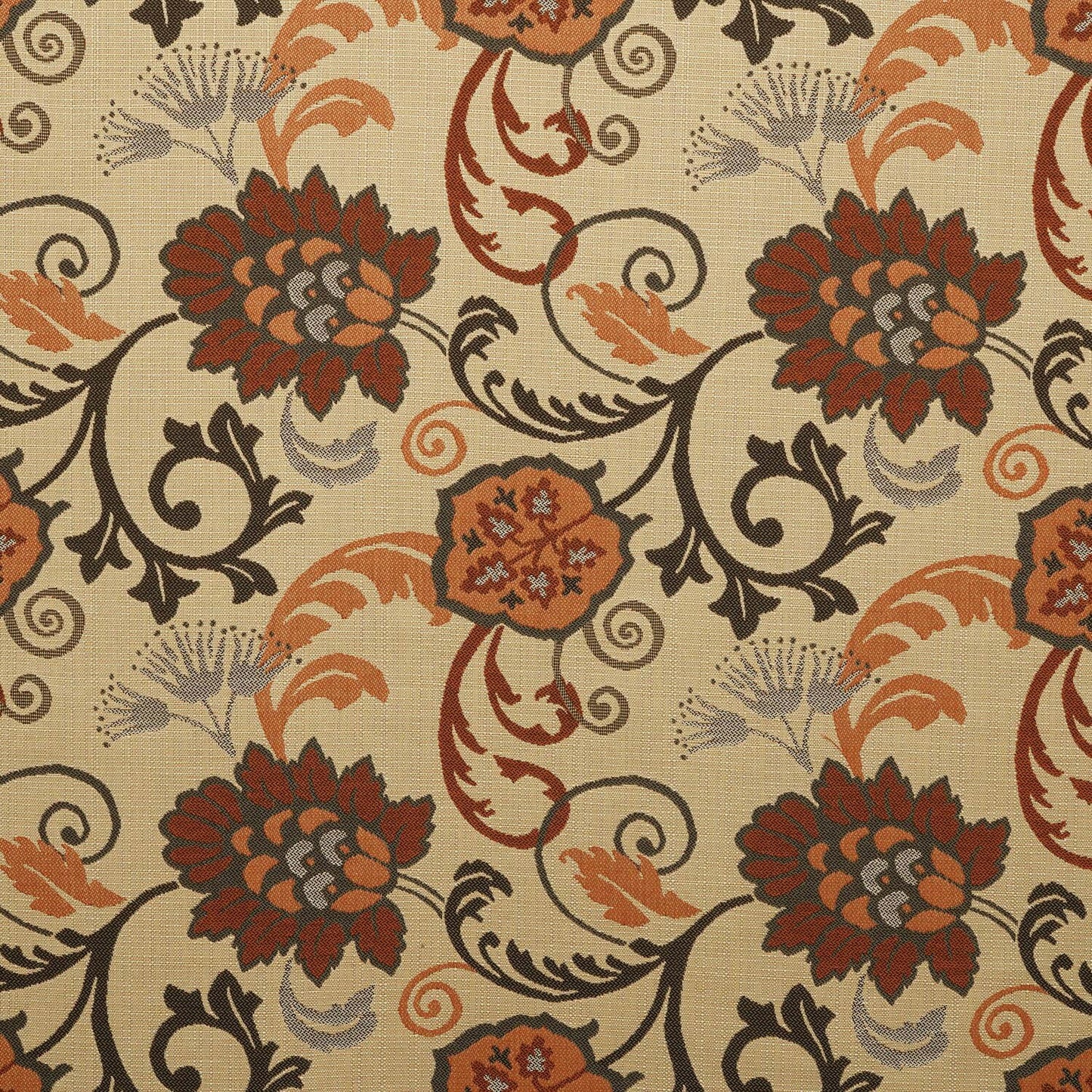 A fabric with a floral pattern featuring a beige background and shades of brown and red for the flowers.