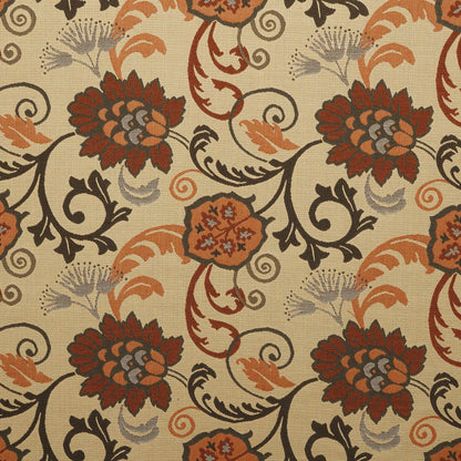 A fabric with a floral pattern featuring a beige background and shades of brown and red for the flowers.