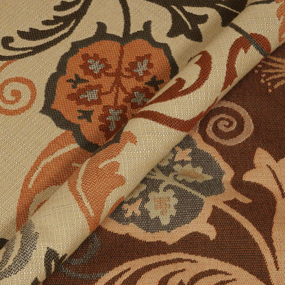 Close-up of patterned fabric with brown, beige, and blue design
