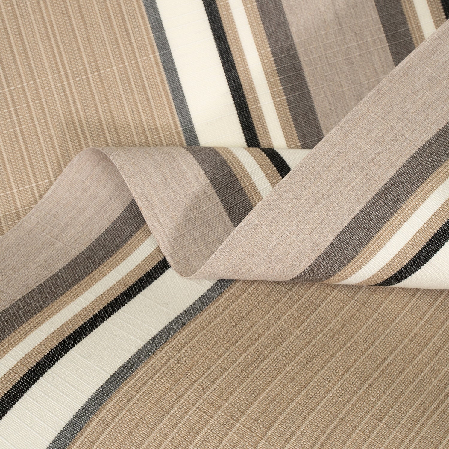 Close-up of striped fabric with brown, beige, and black colors.