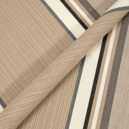 Close-up of striped fabric with brown, beige, and black colors.
