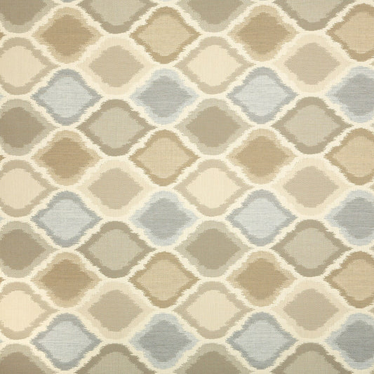 Patterned fabric with geometric design in beige, brown, and blue tones.