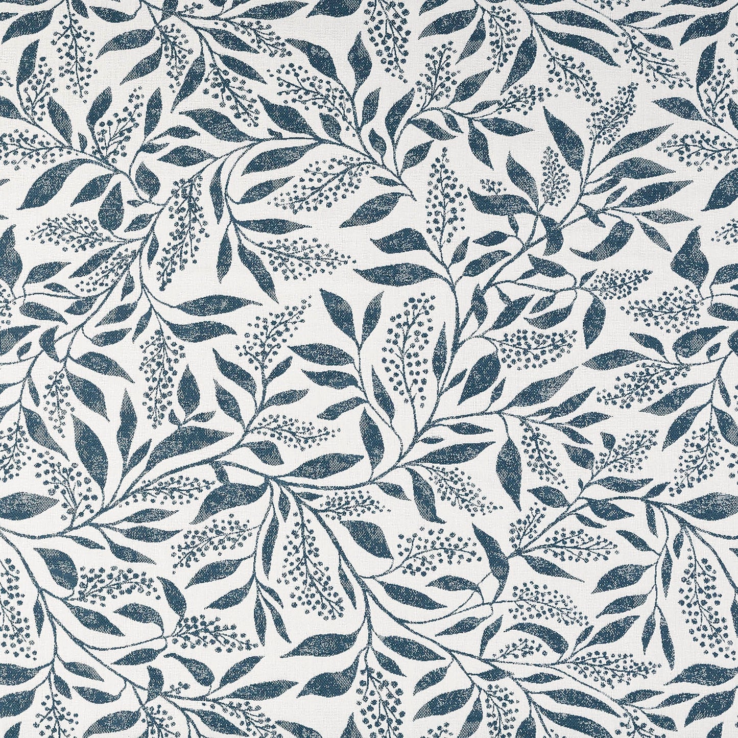 A fabric featuring a floral and leafy vine motif in ivory against a deep coastal blue background.