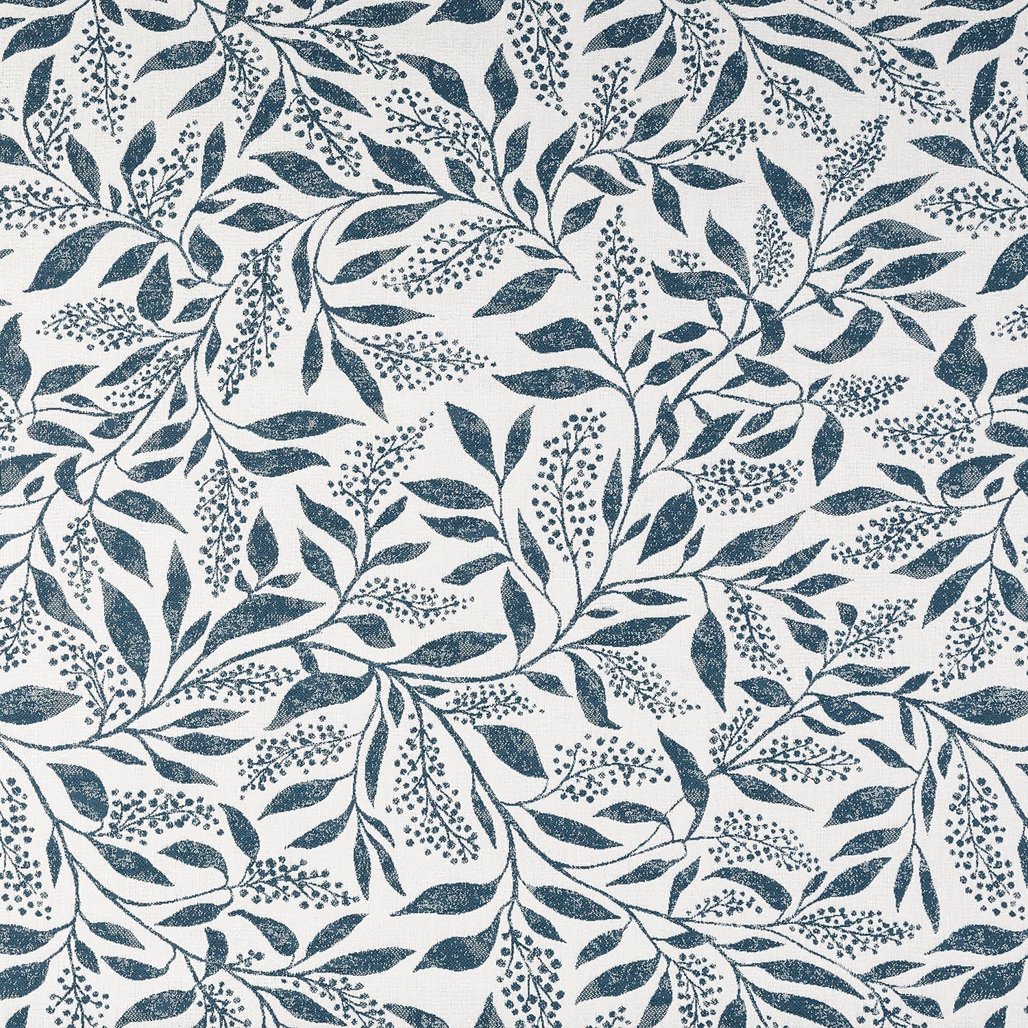 A fabric featuring a floral and leafy vine motif in ivory against a deep coastal blue background.
