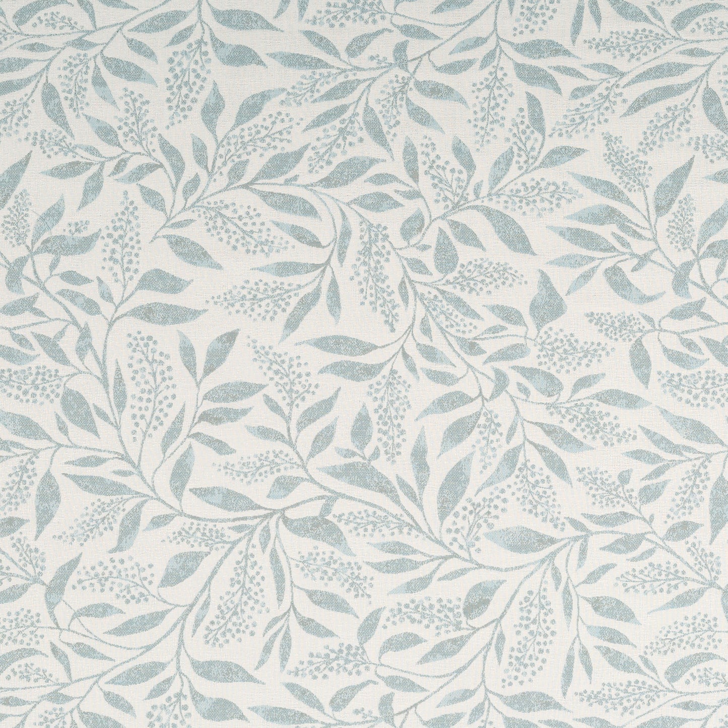 A pale blue-grey floral and leafy pattern on an ivory background.