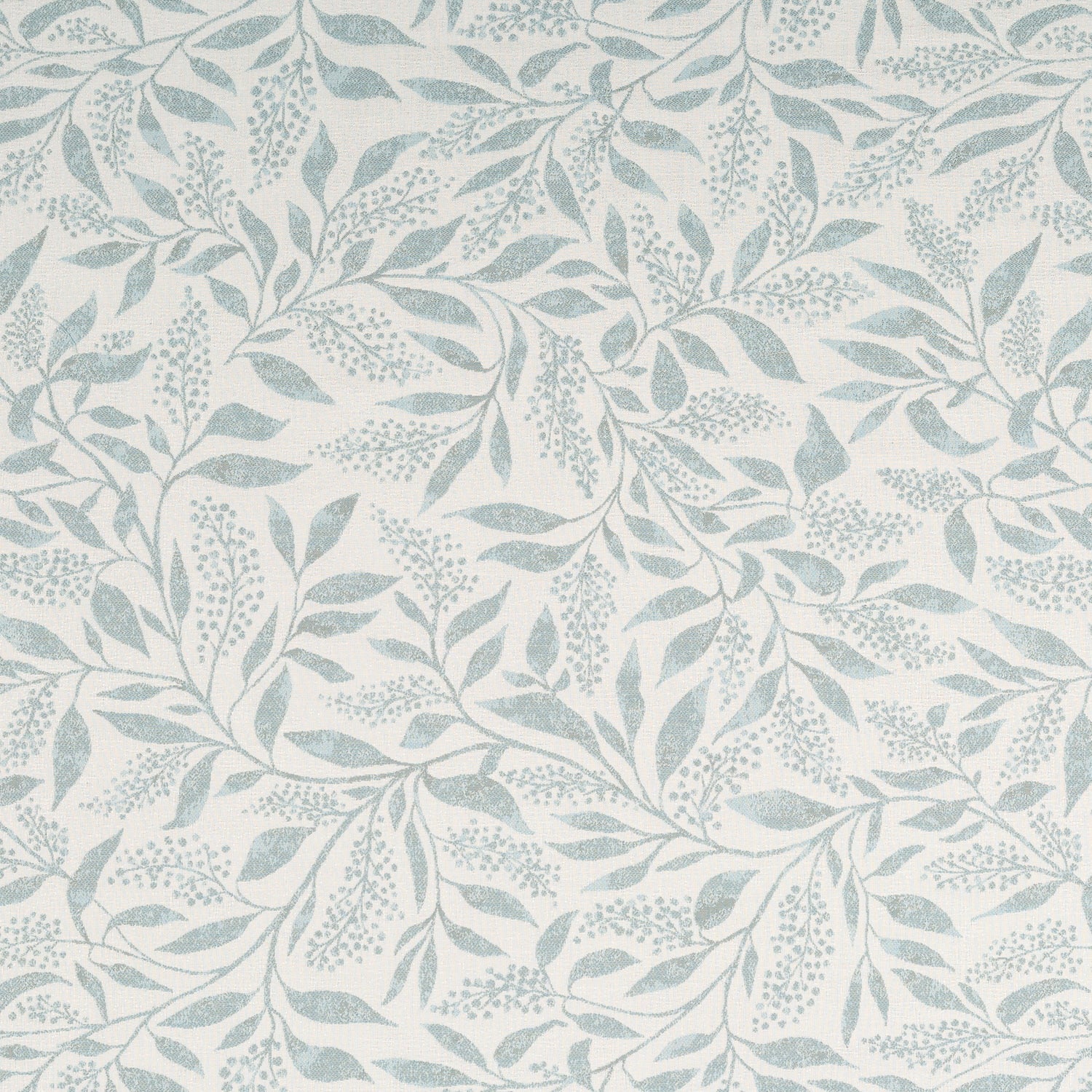 A pale blue-grey floral and leafy pattern on an ivory background.