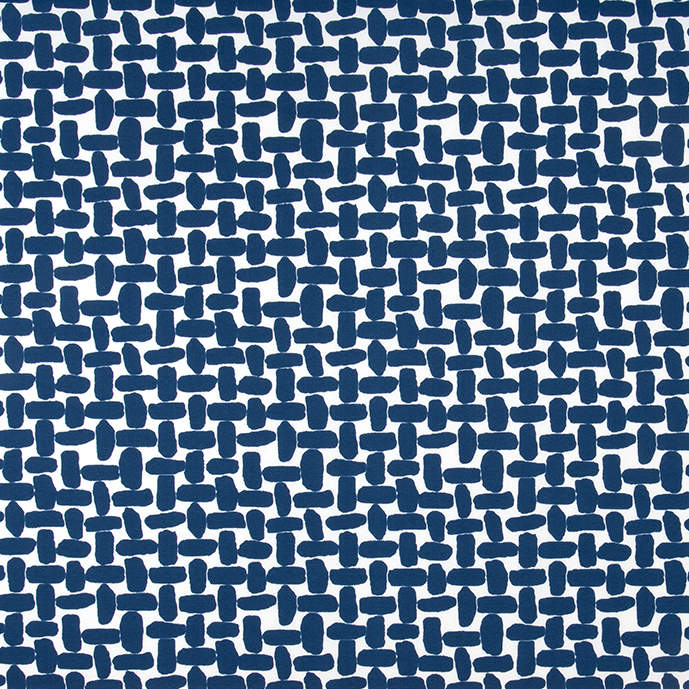 Patterned fabric with blue geometric design on a white background