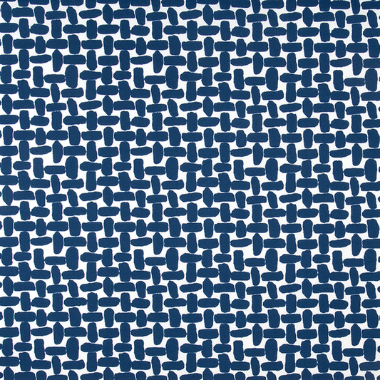 Patterned fabric with blue geometric design on a white background