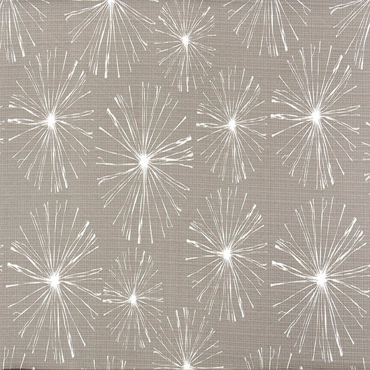 A fabric with a grey background featuring white fireworks-like patterns.