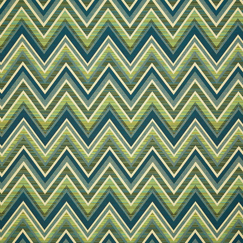 A fabric with a geometric zigzag pattern in blue and green colors.