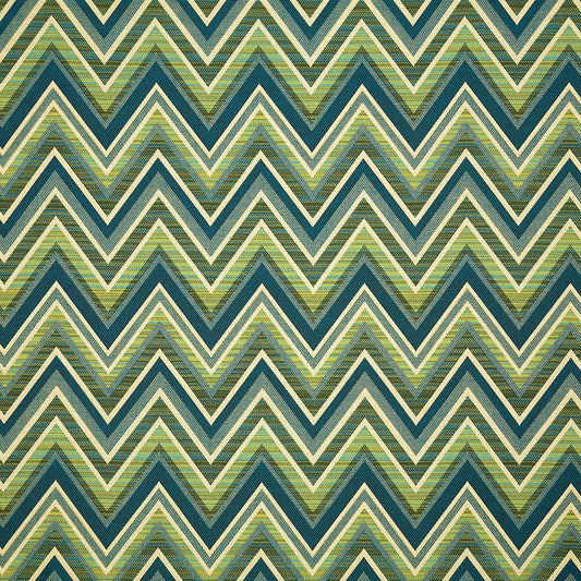 A fabric with a geometric zigzag pattern in blue and green colors.