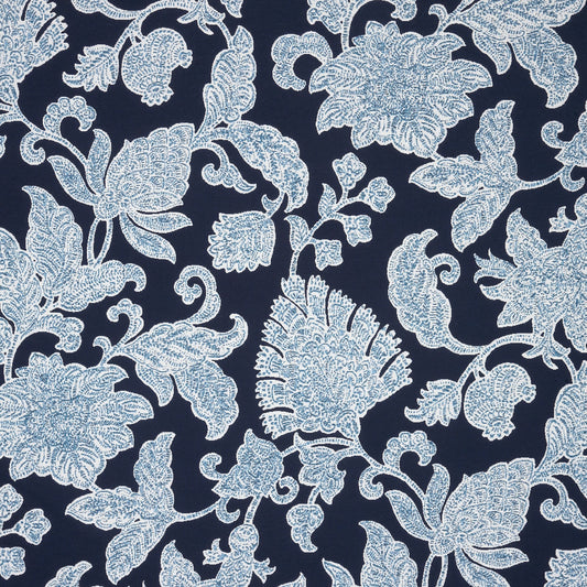 Decorative floral pattern with light blue flowers and leaves on a dark blue background