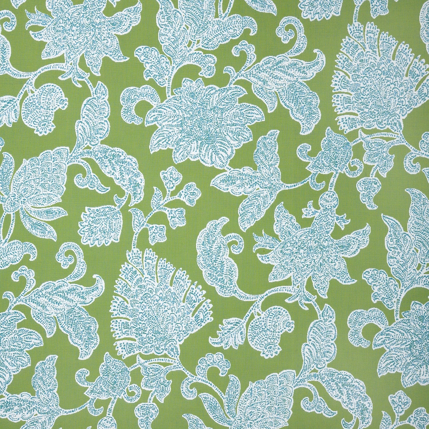 Decorative floral pattern with light blue flowers on a green background