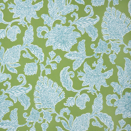 Decorative floral pattern with light blue flowers on a green background