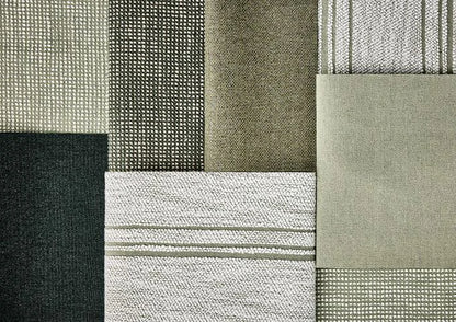 Patterned fabric swatches in various shades of green and gray.