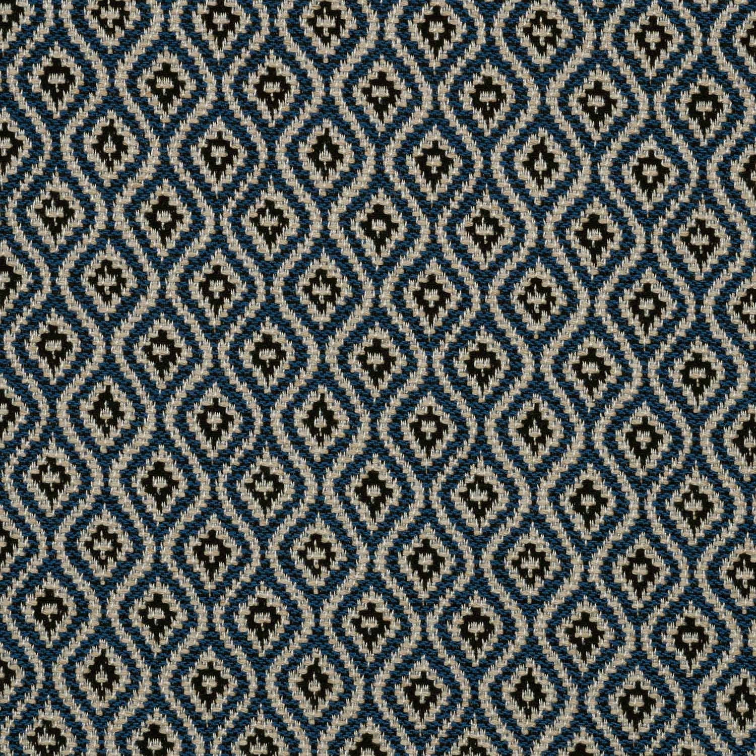 Patterned fabric with a geometric design in blue and beige.
