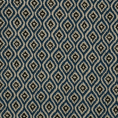 Patterned fabric with a geometric design in blue and beige.