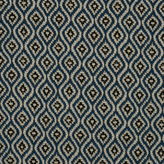 Patterned fabric with a geometric design in blue and beige.