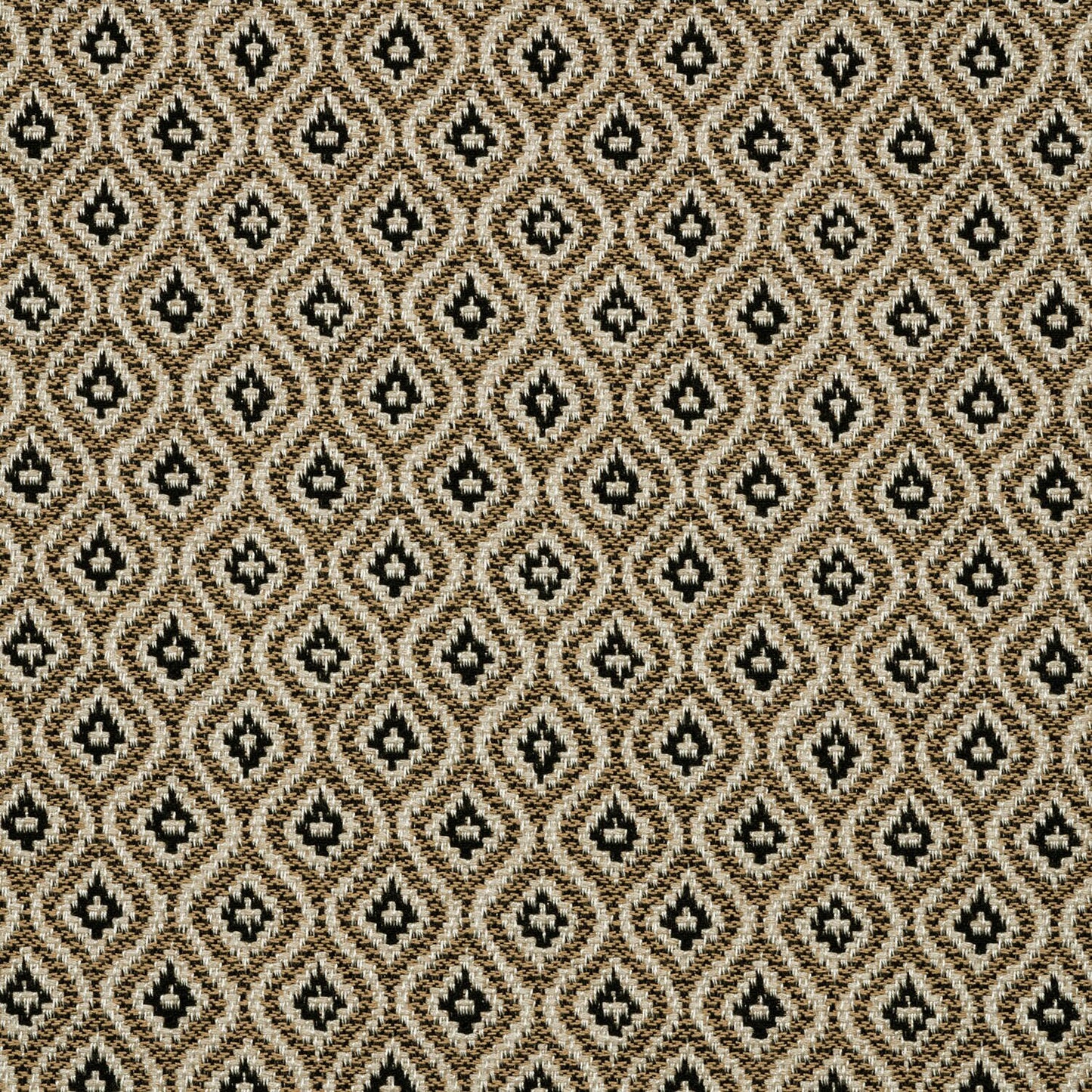 Patterned fabric with a geometric diamond design in black and beige.